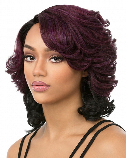 Shoulder Length Curly Ombre Purple Wig for Black Women – Synthetic Vintage Style Wig with Side Part