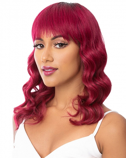 Burgundy Wavy Synthetic Wig with Bangs – Shoulder Length Vibrant Red Hair for Women