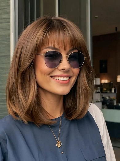 Shoulder-Length Brown Bob Lace Front Human Hair Wig with Bangs – Soft Straight Style