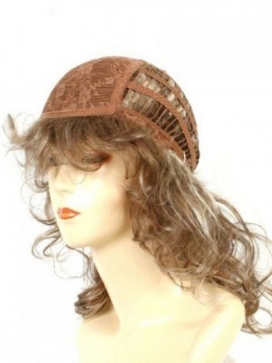 Shoulder-Length Wavy Ombre Brown Blonde Machine Made Human Hair Wig with Bangs