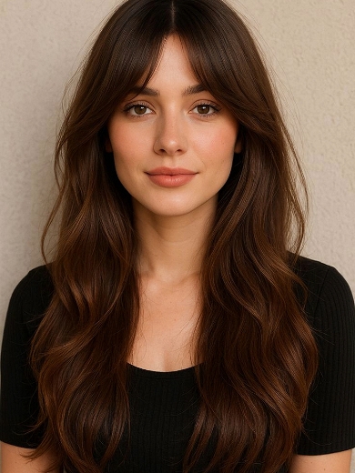 Brown Body Wave Human Hair Wig with Curtain Bangs – Natural Look Front Lace Wig for Women