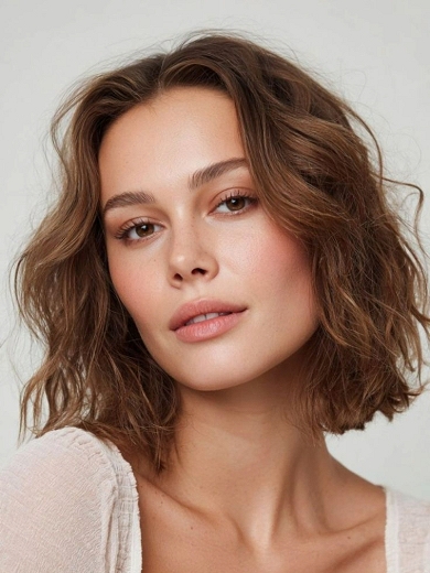 Short Wavy Highlighted Brown Wig – Machine Made Human Hair Wig with Bangs & Layered Beach Waves