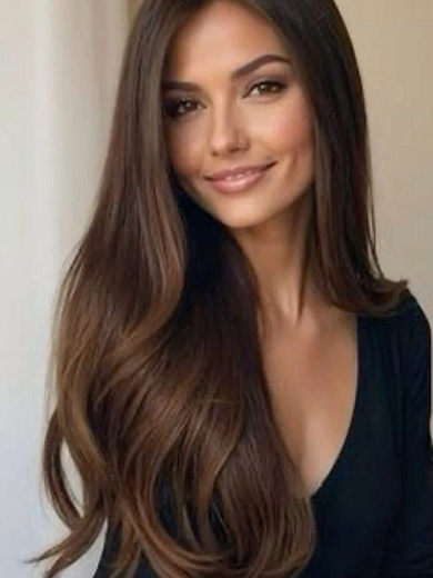 Natural Dark Brown Lace Front Wig – Long Wavy Human Hair Wig with Pre-Plucked Hairline