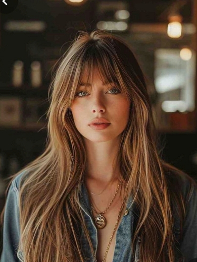 Long Layered Honey Blonde Highlight Lace Front Wig – Human Hair with Curtain Bangs, Glueless & Pre-Plucked