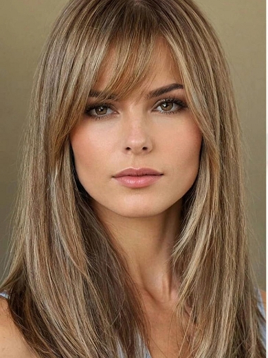Long Straight Human Hair Wig with Bangs – Natural Brown Blonde Highlight, Glueless Machine Made Wig for Women