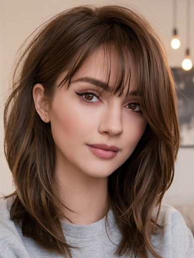 Brown Layered Machine Made Human Hair Wig – Medium Length Natural Wig with Bangs for Women