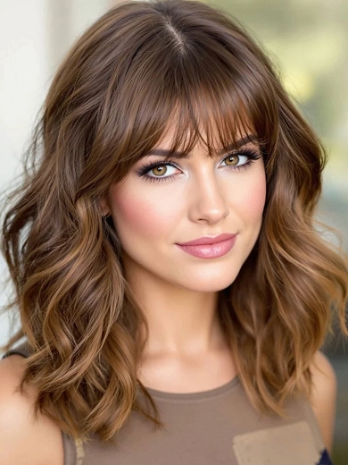 Medium Length Human Hair Lace Front Wig – Light Brown Wavy Wig with Bangs for Women
