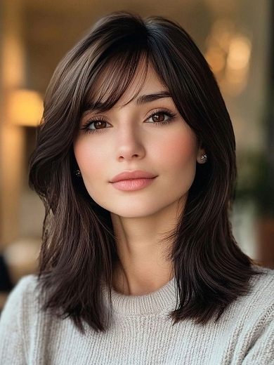 Natural Dark Brown Lace Front Human Hair Wig with Bangs – Medium Length Straight Wig for Women