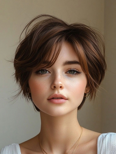 Short Brown Pixie Cut Human Hair Wig – Natural Layered Machine-Made Wig