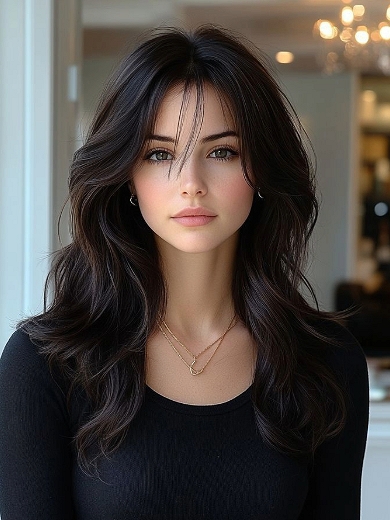 Natural Loose Wave Human Hair Wig with Curtain Bangs – Soft Layered Dark Brown Mid-Length Wig for Women