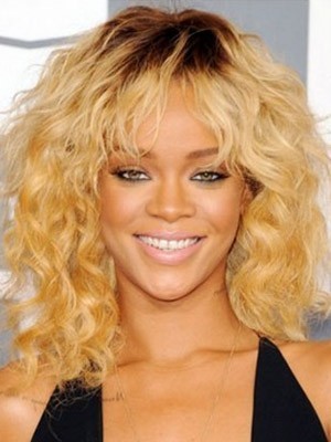 Rihanna Hairstyle Ringlet Wavy Soft Fringe Celebrity Wig