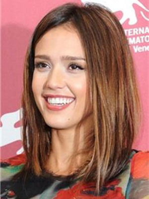Jessica Alba Medium Straight Charming Human Hair Lace Front Wig
