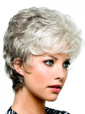 Capless Short Wavy Synthetic Gray Wig