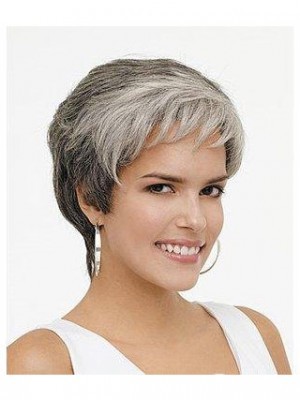 Synthetic Rounded Fringe Wavy Gray Wig