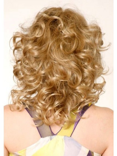 Mittle Lockige Blonde Monofilament Moderne Perücke