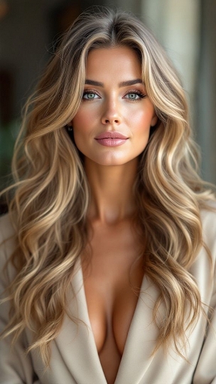 Lange Echthaar Perücke Damen – Natürlich Blond mit Mittelscheitel – Handgeknüpft auf Lace – Weiche, Voluminöse Wellen – Realistischer Haaransatz