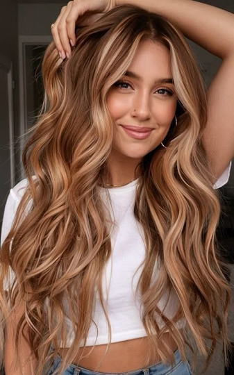 Lange Echthaar Perücke Damen – Balayage Braun Blond – Wellig mit Mittelscheitel – Lace Front für Realistischen Haaransatz