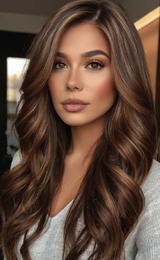 Lange Echthaar Perücke Damen – Dunkelbraun mit Highlights – Wellig mit Mittelscheitel – Lace Front für Natürlichen Look