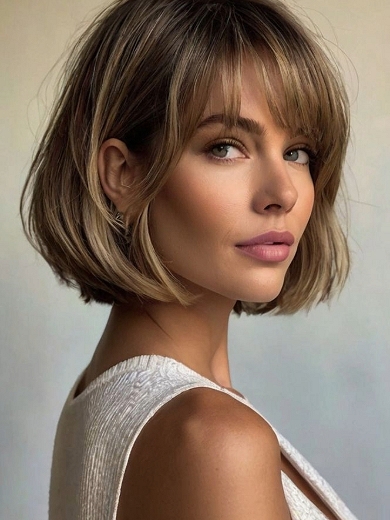 Kurzer Bob Lace Front Echthaar Perücke – Natur Braunblond mit Pony – Luftig & Glatt für Damen