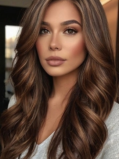 Lange Echthaar Perücke Damen – Dunkelbraun mit Highlights – Wellig mit Mittelscheitel – Lace Front für Natürlichen Look