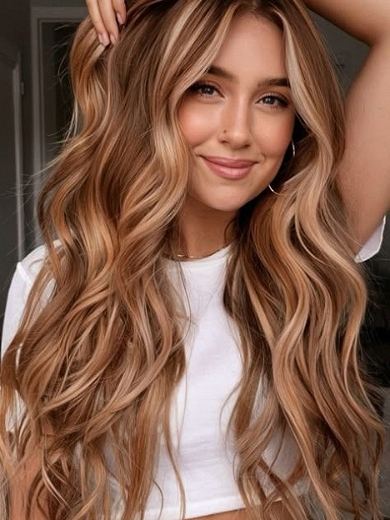 Lange Echthaar Perücke Damen – Balayage Braun Blond – Wellig mit Mittelscheitel – Lace Front für Realistischen Haaransatz
