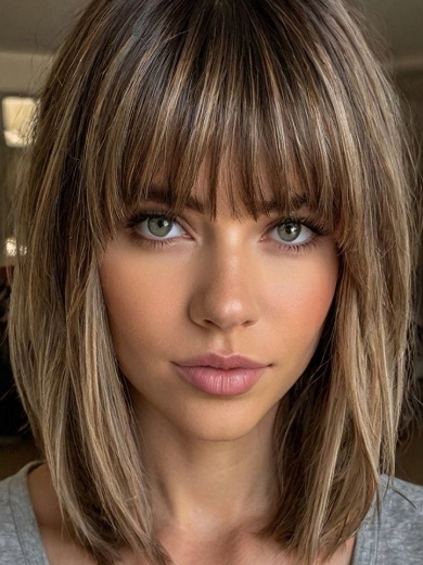 Vordere Spitzenperücke Echthaar Bob Stil mit Pony – Balayage Braunblond