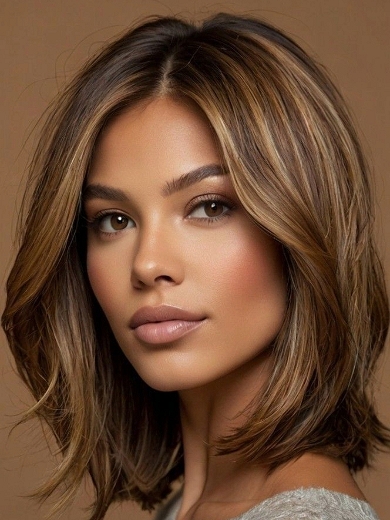 Vordere Spitzenperücke Echthaar Bob Mittelscheitel – Balayage Goldbraun Karamell
