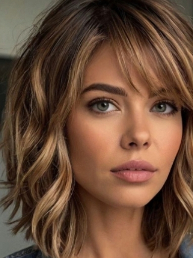Vordere Spitzenperücke Echthaar Bob Wellen mit Pony – Balayage Goldbraun Blond