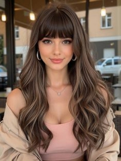 Lange Dunkelbraune Echthaar Lace Front Perücke mit Pony – Natürliche Menschenhaarperücke für Damen