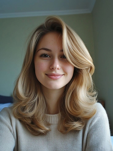 Beigeblonde Lace Front Echthaarperücke – Mittellang mit Seitenscheitel & C-Curl Volumen