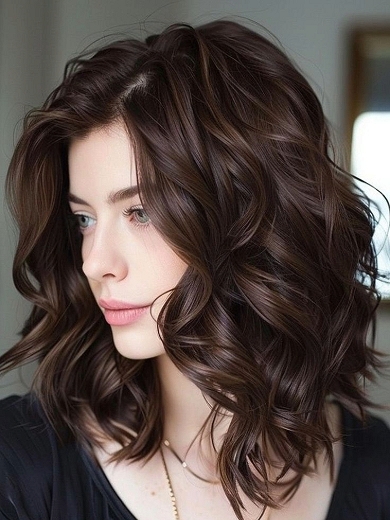 Mittellange wellige Echthaar  Kappenlos  -Perücke für Frauen – Natürlicher Look in Dunkelbraun