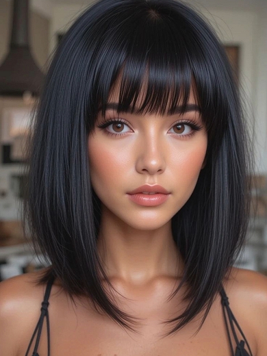 Kurze glatte Lace Front Echthaar-Perücke mit Pony – Natürlicher Look in Schwarz