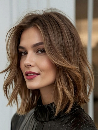 Kurze gewellte Echthaar Full Lace Perücke für Damen – Natürlicher Braun Balayage Look