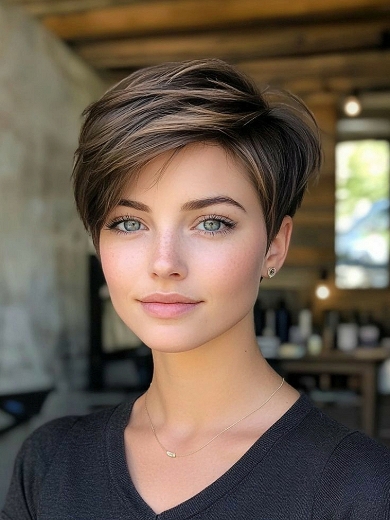 Kurze Pixie Cut Echthaarperücke Maschine gemacht – Natürlicher Braun Look für Damen