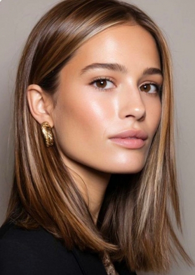 Echthaar Bob Perücke Damen – Glatt, Schulterlang, Mittelbraun mit Highlights – Natürlicher Look, Maschinengeknüpft